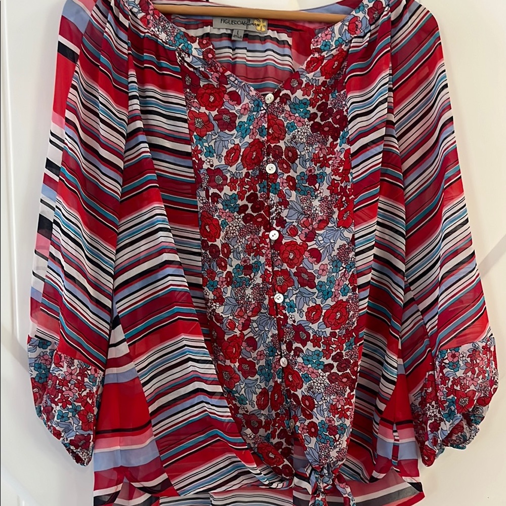Rebecca Taylor Red Tie Front Blouse with Bib Collar